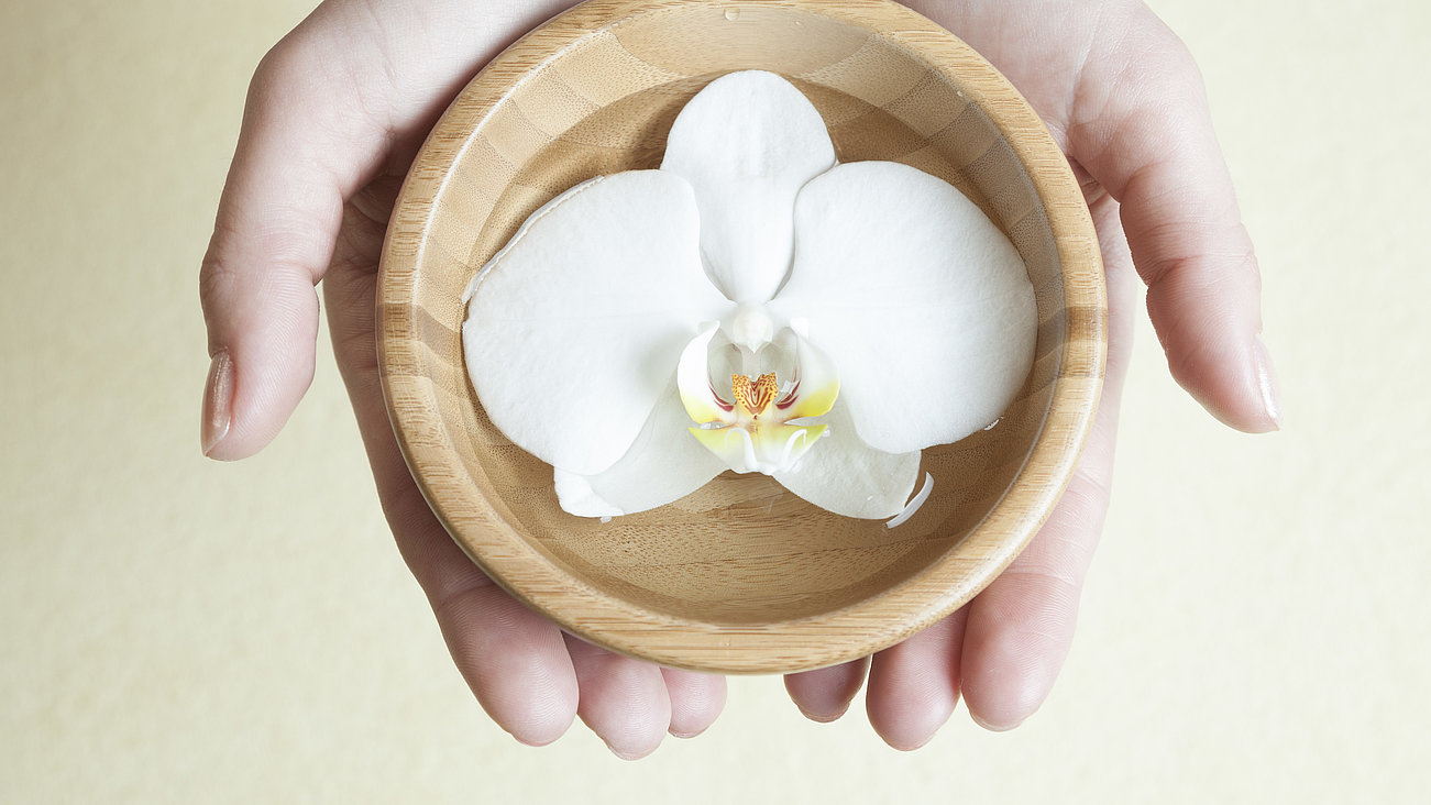 Schale aus Holz mit einer Lotusblüte